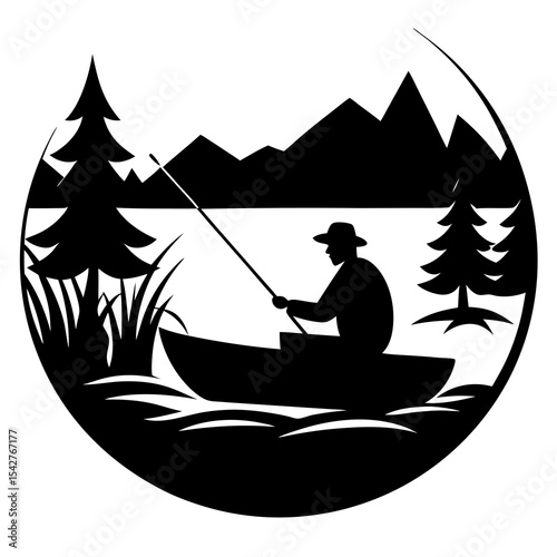 Silhouette of a man fishing in boat peaceful outdoor scene for leisure hobby design