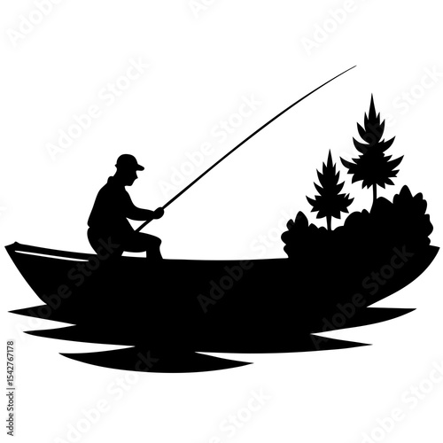 Fishing man in boat silhouette perfect for calm lake adventure and outdoor lifestyle