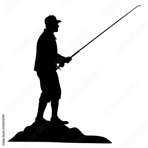 Silhouette of fisherman holding fishing rod ideal for outdoor lake and calm hobby art