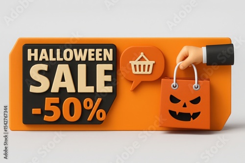 Halloween Sale Promotion with 50 Percent Discount and Shopping Bag with Pumpkin Face on Orange Background for Seasonal Marketing