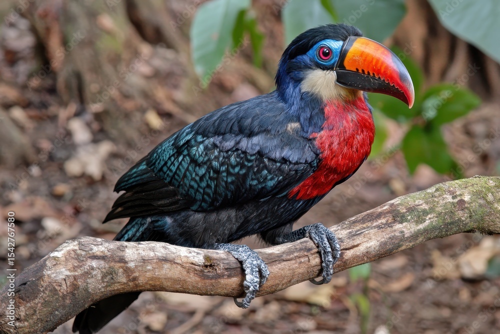 Fototapeta premium Colorful toucan perched on a branch in a lush natural environment showcasing vibrant plumage, Colorful toucan sitting on a branch in a natural environment in Foz do Iguacu, Brazil