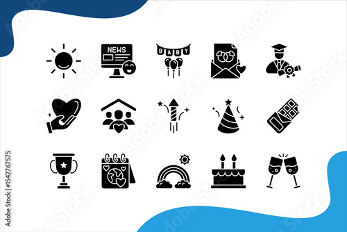 Happiness icon set with Sunshine, Good news, Family, Fireworks, Party hat, Cake, Happy.