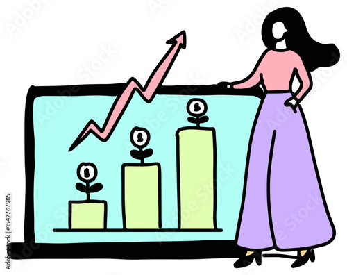 An illustration shows a woman beside a chart with rising bars and an arrow
