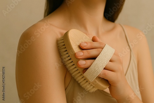 Woman dry brushing shoulder with wooden body brush