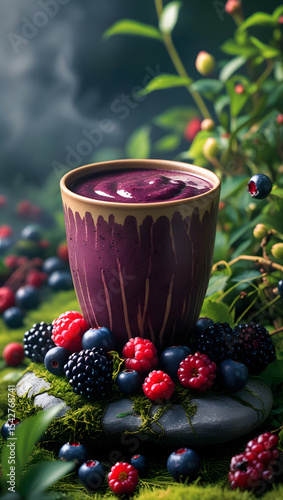 A dark violet smoothie served in an earth-tone ceramic cup with visible texture, overflowing with fresh wild blackcurrants, boysenberries, and mulberries 