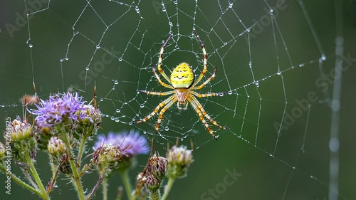 A vibrant spider weaving its intricate web among blooming wildflowers in a lush green setting