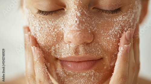 Closeup of a woman exfoliating her face with scrub, skincare routine, soft background