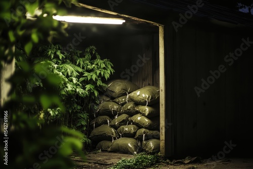 Drug bags stored in a shed during a rainy evening showcasing an eerie atmosphere, Drug Bags In Shed On Rainy Evening