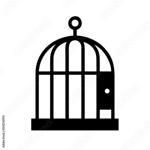 Minimal black vector clipart of a vintage-style bird cage with door and hook