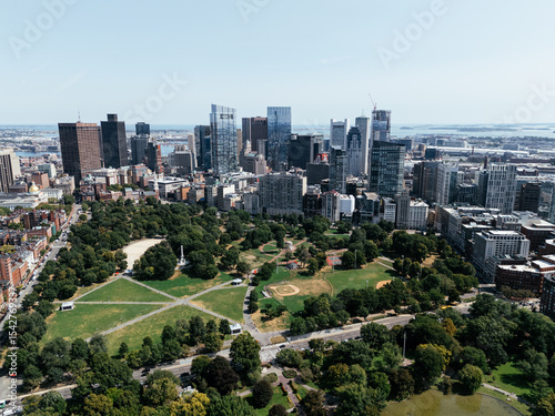 Christopher Columbus Park in Boston. A sunny summer day with the Boston skyline. Massachusetts, USA.