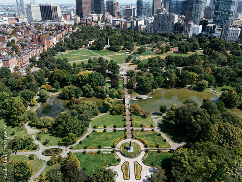 Christopher Columbus Park in Boston. A sunny summer day with the Boston skyline. Massachusetts, USA.