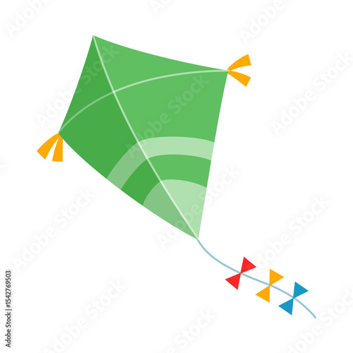 Illustration of a green kite with colorful tails against a white background
