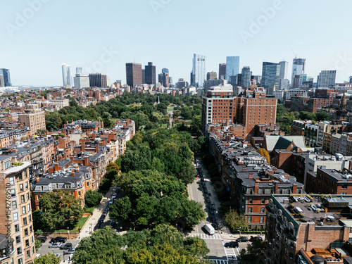 Christopher Columbus Park in Boston. A sunny summer day with the Boston skyline. Massachusetts, USA.