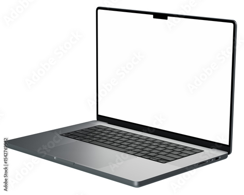 High-resolution laptop mockup featuring a white blank screen, isolated on a transparent background 4K 8K