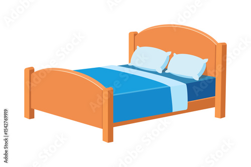 Illustration of a Wooden Bed with Blue Bedding and Two Pillows in Room Interior