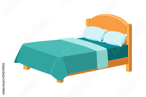 Isometric illustration of a double bed with two pillows and teal bedspread on white