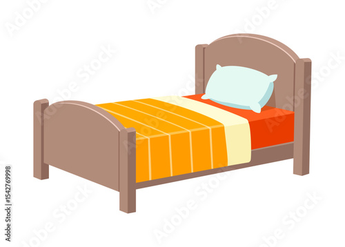A Wooden Bed with Orange Blanket and White Pillow in Cartoon Style