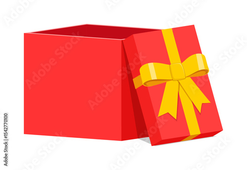 An open red gift box with a golden ribbon in illustration style, present for special occasion