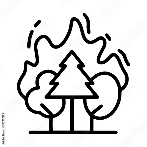 Outline style image depicts a group of trees engulfed in large, stylized flames, symbolizing a forest fire, wildfire, or widespread burning in a natural environment. Related to natural disasters