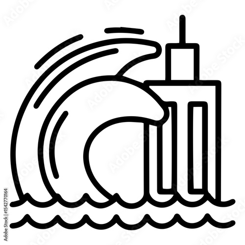 Outline style image depicts a large octopus or sea monster attacking a structure, such as an oil rig or pier, from the water, symbolizing a monstrous threat, a natural disaster, or a maritime peril