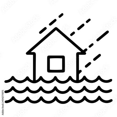 Outline style image depicts a house partially submerged in water with heavy rain falling from above, denoting a flood, intense rainfall, a natural disaster impacting a home. Related to extreme weather