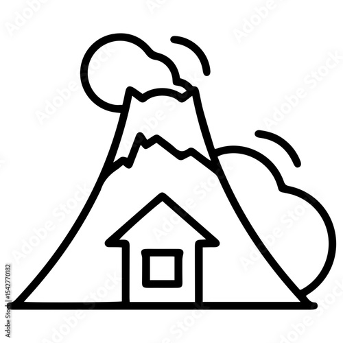 Outline style image depicts a house set at the base of a large mountain or volcano with clouds, denoting a dwelling in a geologically active area or an environmental setting. Related to remote living