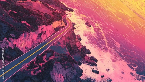 Coastal road at sunset, vibrant colors