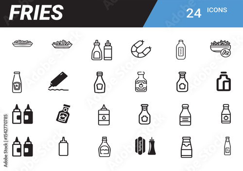 Fries Icon Set: fries vector line icon, french fries outline symbol with white background, delicious fries collection.