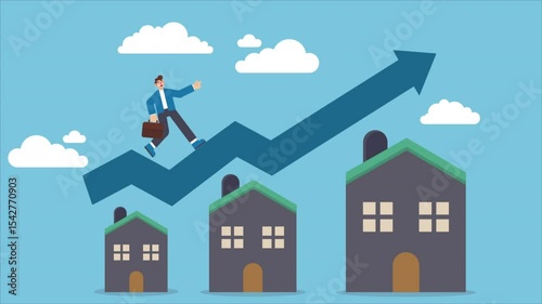 house in the sky with clouds | 4K Animated Real Estate Growth Concept – Businessman Running on an Upward blue Graph Placed on a House Roof, Symbolizing Rising Housing Prices and Property Market Trends