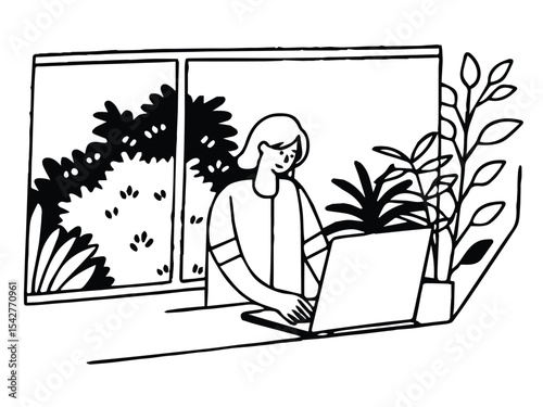 Funny cartoon illustration of a man and woman working on laptops at an office desk, with a man looking in from the window