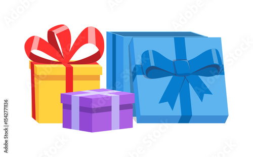 Illustration of Yellow, Purple, and Blue Gift Boxes with Bows on a White Background