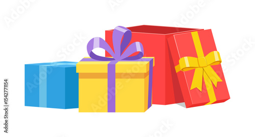 Colorful gift boxes with ribbons, open and closed presents, festive surprise.