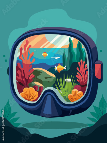 Stunning Coral Reef Viewed Through a Scuba Mask Lens A vibrant underwater world revealed in breathtaking detail showcasing the beauty of marine life and coral formations.