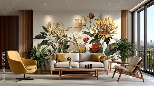 Contemporary living space with large flower painting high resolution image