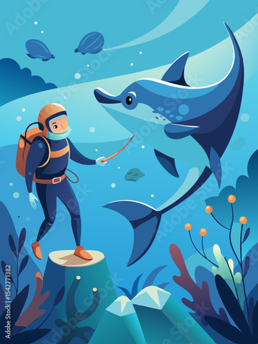 Diver Gently Feeding a Manta Ray a Unique Underwater Wildlife Interaction Experience
