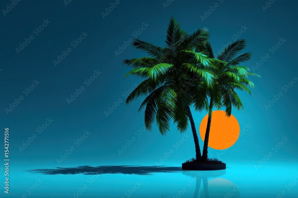 Obraz premium Palm tree by a vibrant orange sun