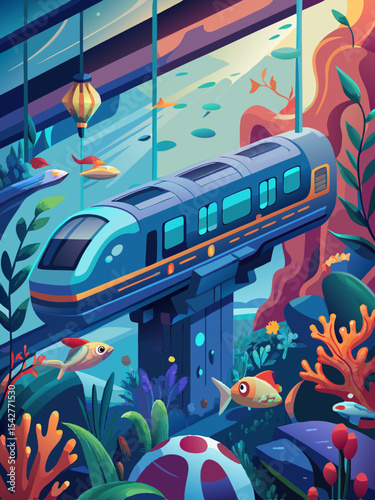 Futuristic Underwater Monorail glides through vibrant coral reefs with colorful fish swimming alongside its transparent tunnels.