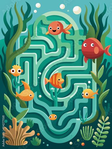 Explore a mesmerizing kelp forest maze where playful sea creatures peek from hidden crevices offering a vibrant underwater adventure.