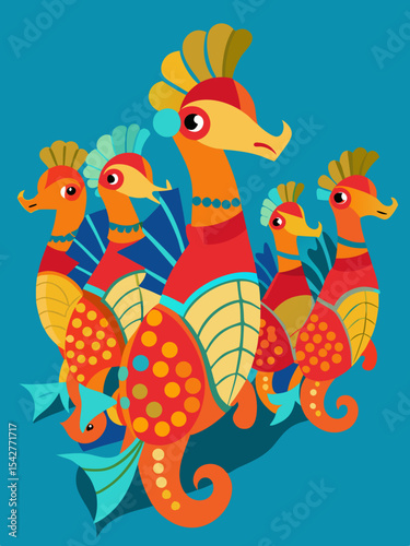 A whimsical seahorse parade features each seahorse in a unique costume showcasing vibrant ocean life and playful creativity