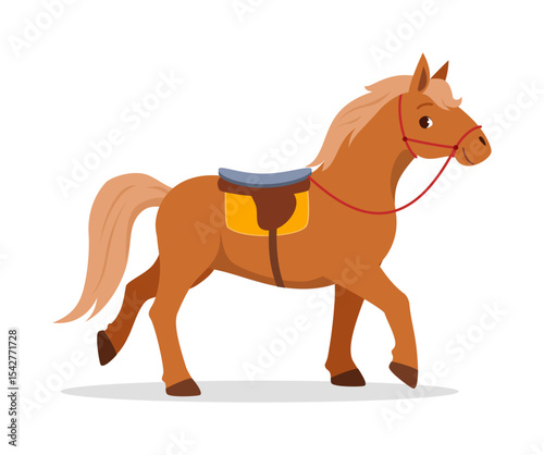 Illustration of a brown horse with a saddle on a white background