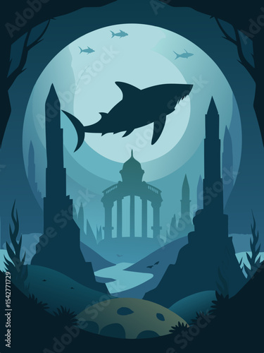 Moody underwater scene of a shark silhouette circling ancient ruins a dramatic ocean exploration