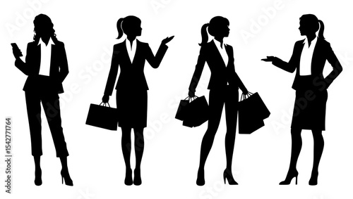 silhouettes of women , business woman silhouettes silhouettes of girls , Silhouettes of business women in suits with bags and a smartphone