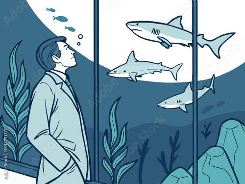 A vibrant cartoon shark swims in the deep blue ocean amongst coral and marine life