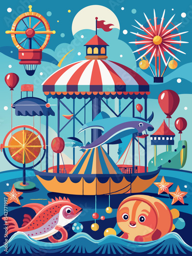 Whimsical underwater carnival scene featuring playful sea creatures enjoying thrilling rides