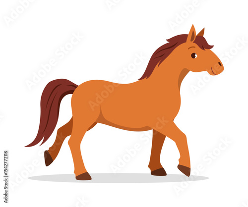 Cartoon Illustration of a Walking Brown Horse with Brown Mane and Tail