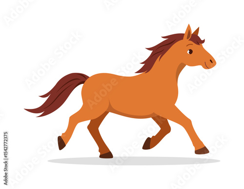 Illustration of a Brown Horse Trotting with its Tail Flowing Freely on a White Background