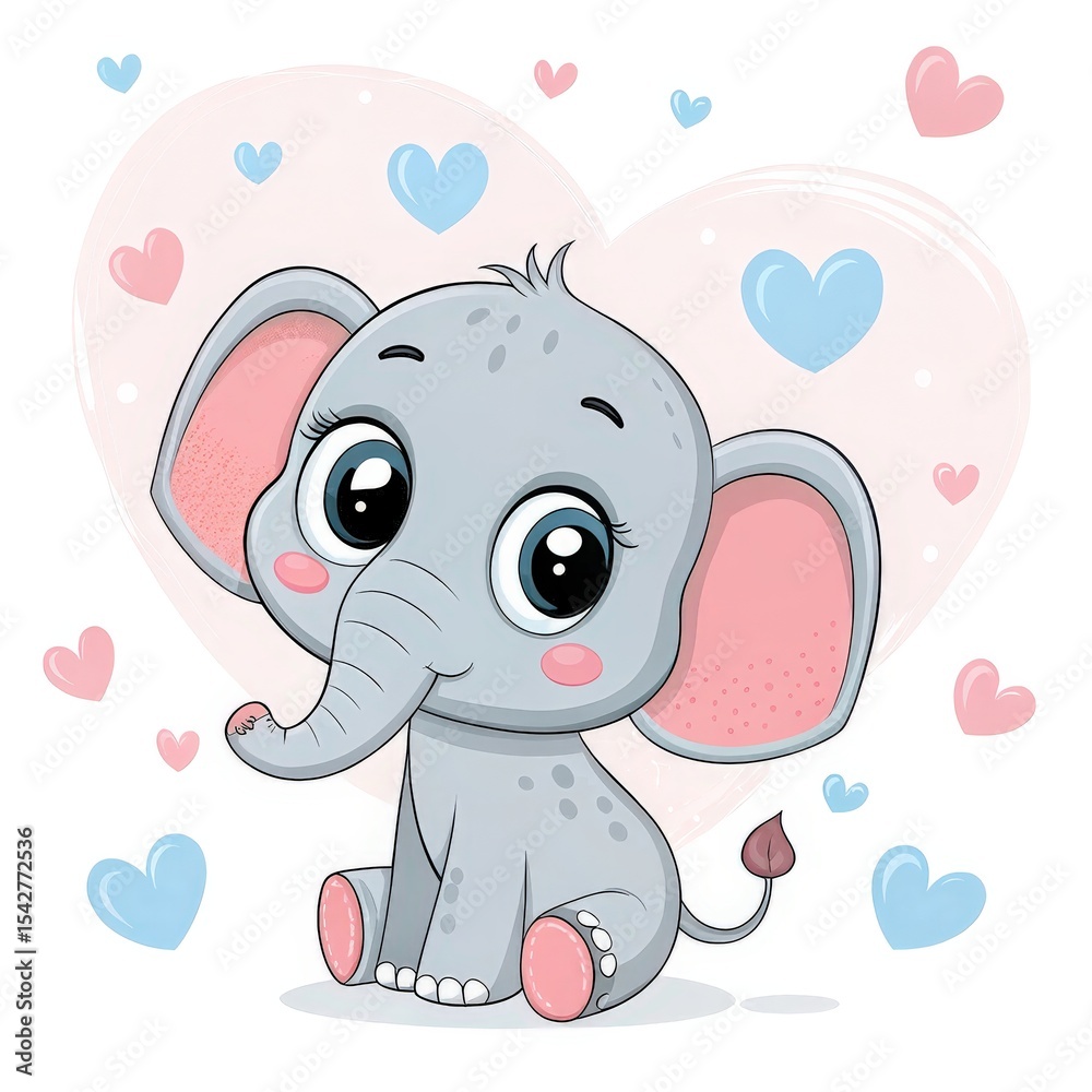 Obraz premium Cartoon Baby Elephant with Pink Ears and Big Eyes Sitting Amidst Heart Shapes