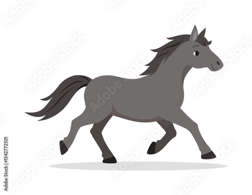 Grey Horse Trotting on White Background in Simple Flat Cartoon Style Illustration