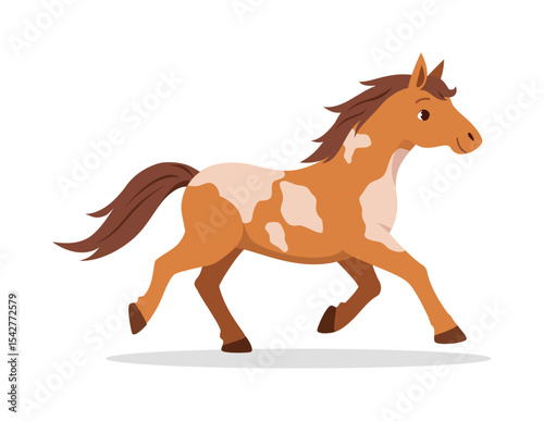 Illustration of a brown horse running with white spots on its body side view isolated