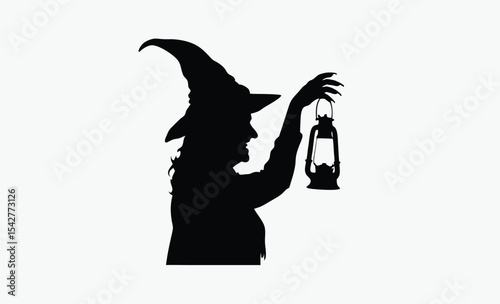 Witch holding lantern, spooky silhouette figure, Halloween night theme, black and white vector, on white background